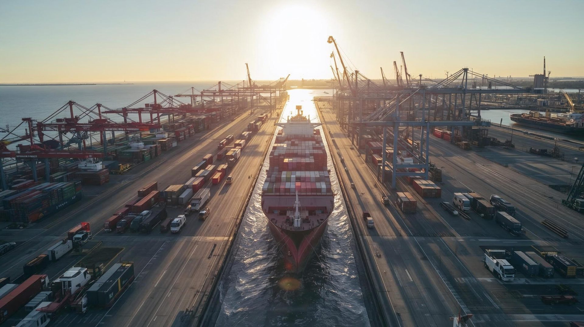 Container vessels sailing into a port in the morning.