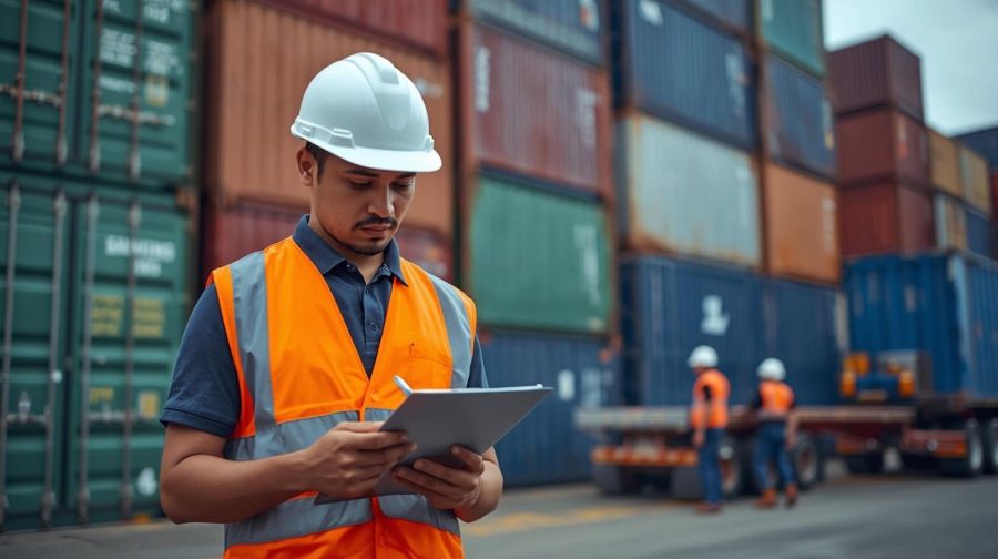 Customs official inspecting the packing list and manifest of a container